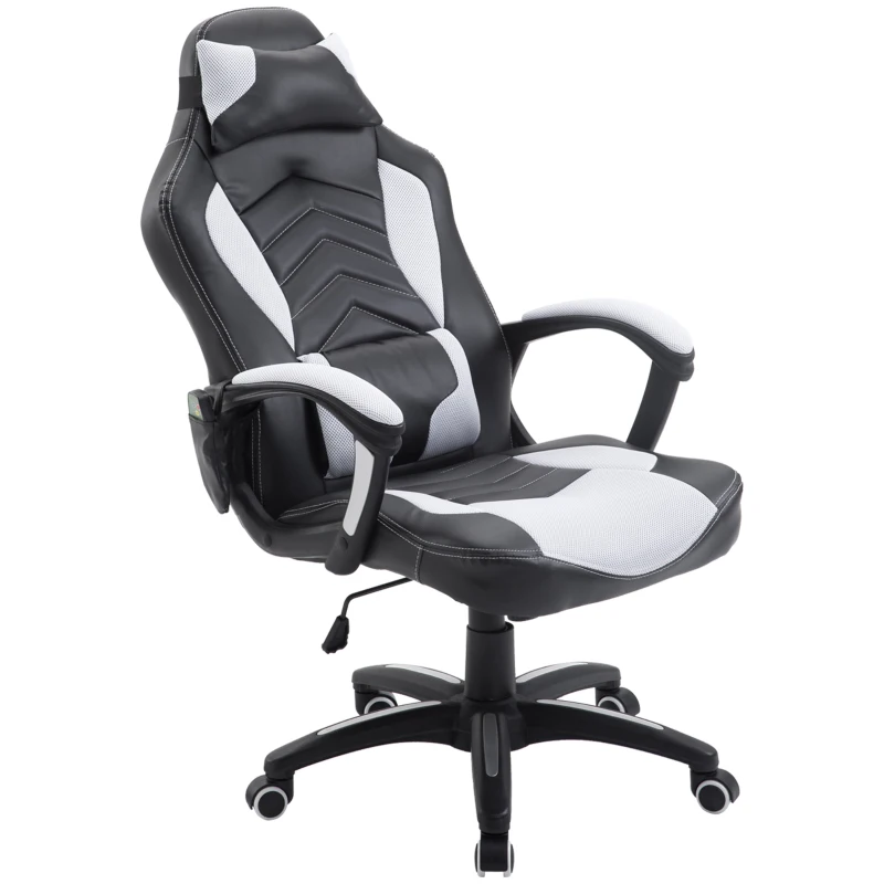 HOMCOM 6 Vibrating Point Massage Computer Gaming Chair 5 Modes, Racing Style Heated Desk Chair Swivel Rolling Chair with Headrest, White / Black