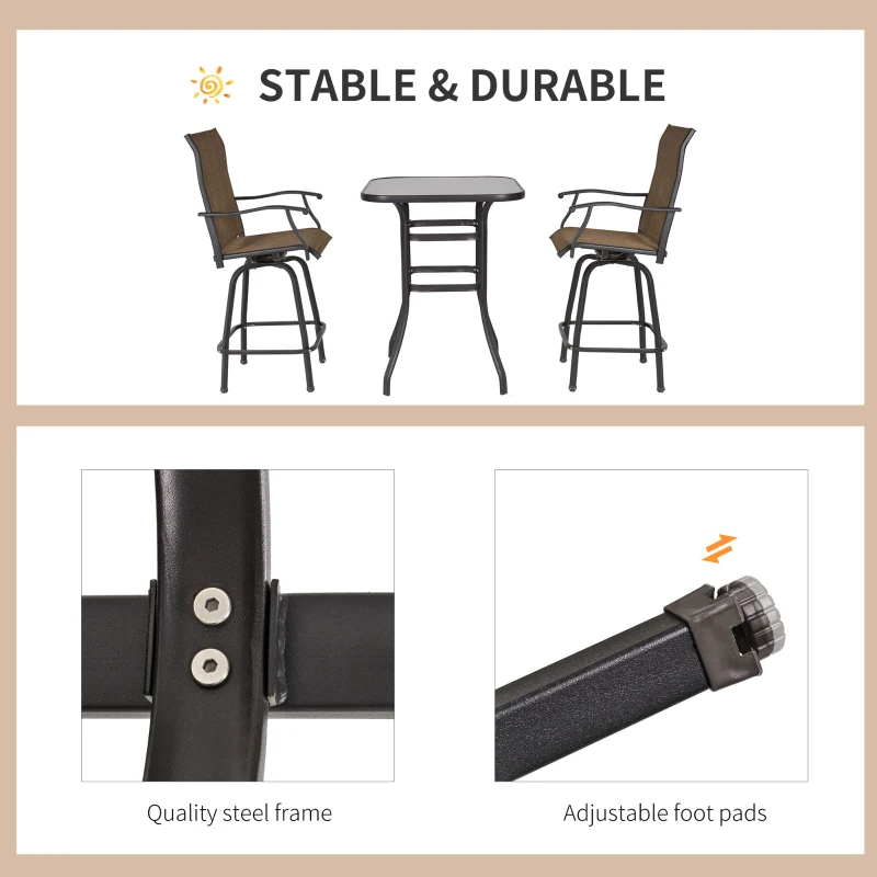 Outsunny 3 Piece Outdoor Patio Bar-Height Bar Set with Comfort Sling Fabric, Steel Frame, & Weather-Fighting, Brown