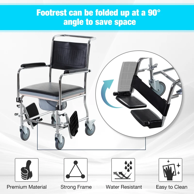 HOMCOM Shower Rolling Chair Personal Mobility Assist Bedside Commode Toilet Chair with Detachable Bucket Armrest Wheelchair Design Armchair for Elder Disabled Pregnant, Black