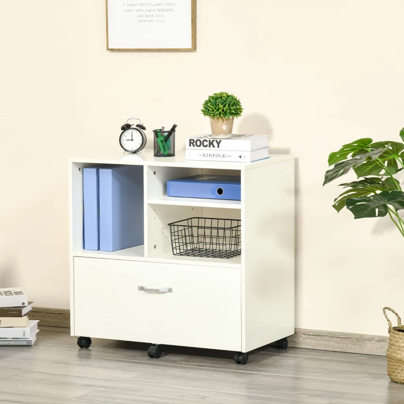 Vinsetto 29" File Cabinet, Office Storage Organizer with 4 Shelves, Wheels and Bottom Drawer for Legal and Letter Sized Files, White