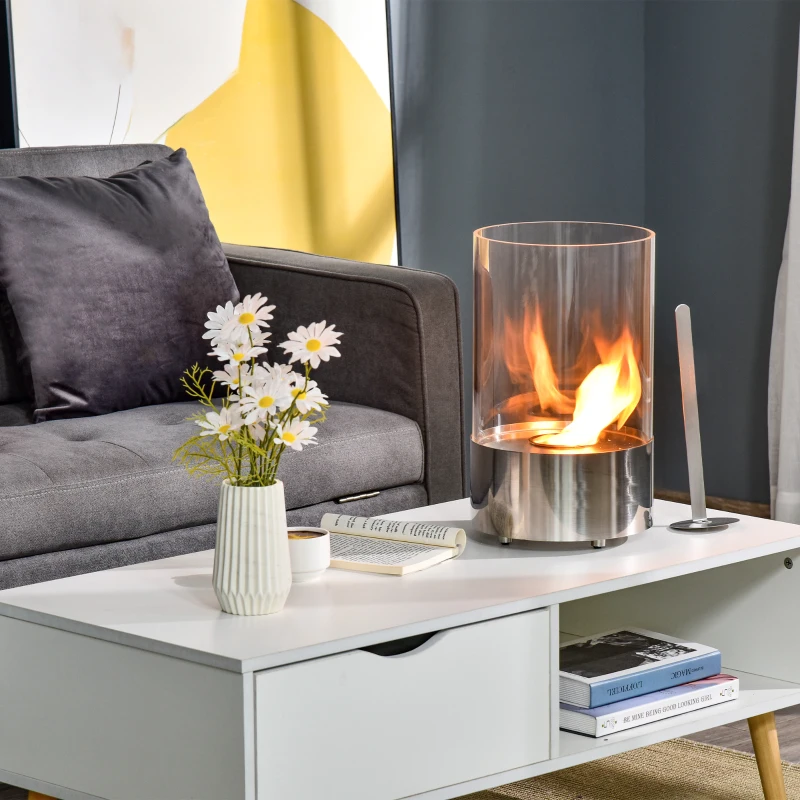 HOMCOM Ethanol Fireplace, 9" Tabletop 0.1 Stainless Steel, 160 Sq. Ft., Burns up to 1 Hour, Silver