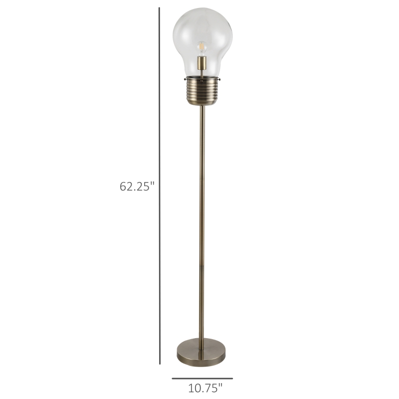 HOMCOM Industrial Tall Pole Floor Lamp with Metal Base, Modern Standing Lamp, Bulb-Shaped Glass Shade, On/Off Foot Switch, E26 Bulb Base for Bedroom, Living Room, Bronze