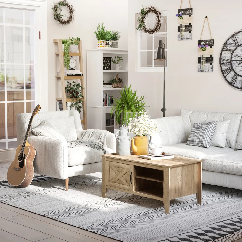 HOMCOM Farmhouse Coffee Table with Enclosed Storage Cabinet and Adjustable Open Shelves for Living Room, Oak