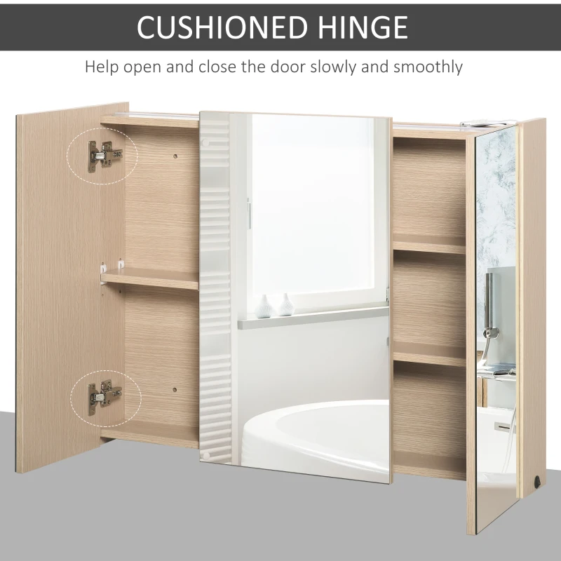 kleankin 36" x 24" Triple Door LED Bathroom Mirror Medicine Cabinet with Adjustable Shelf - White Oak