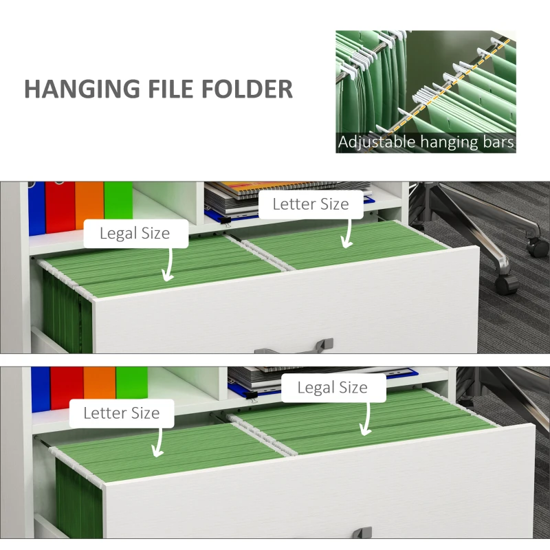 Vinsetto 29" File Cabinet, Office Storage Organizer with 4 Shelves, Wheels and Bottom Drawer for Legal and Letter Sized Files, White