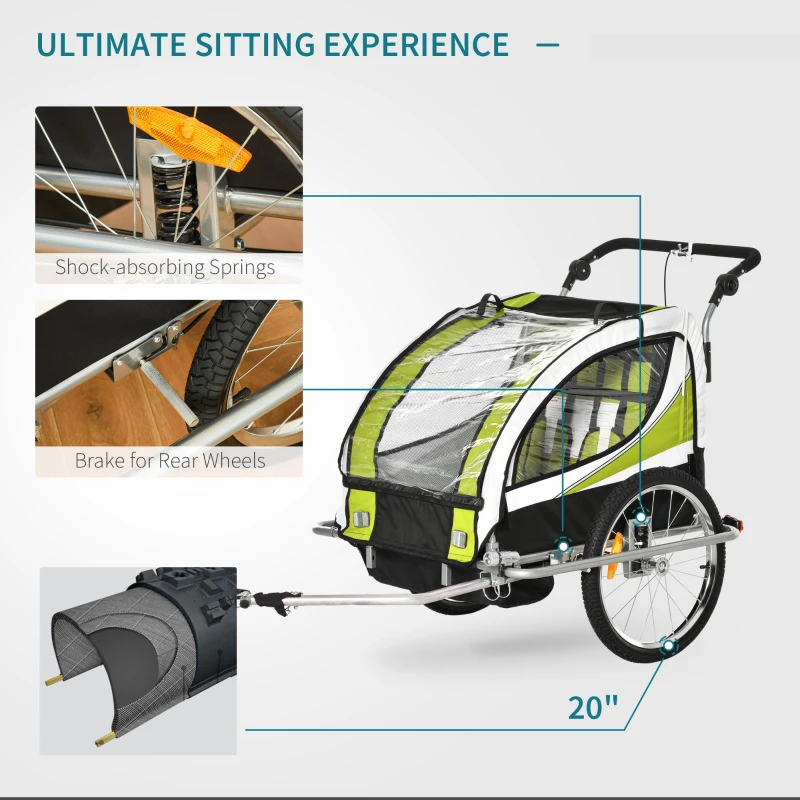 Aosom Foldable Bike Trailer for Kids, Toddler Carrier with 2 Seats, Safety Flag, Light Reflectors, & 5 Point Harness, Green