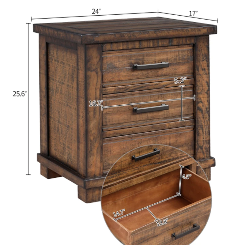 Rustic Three Drawer Reclaimed Solid Wood Farmhouse Nightstand with Full Extension Drawer Glides and Bronze Iron Handles, 24" x 17" x 25.6", Natural