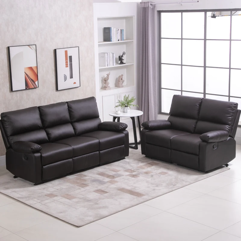 HOMCOM Modern Manual Recliner 2 Seater Sofa Reclining Loveseat with PU Leather Upholstery, Side Handles and Footrest, Brown