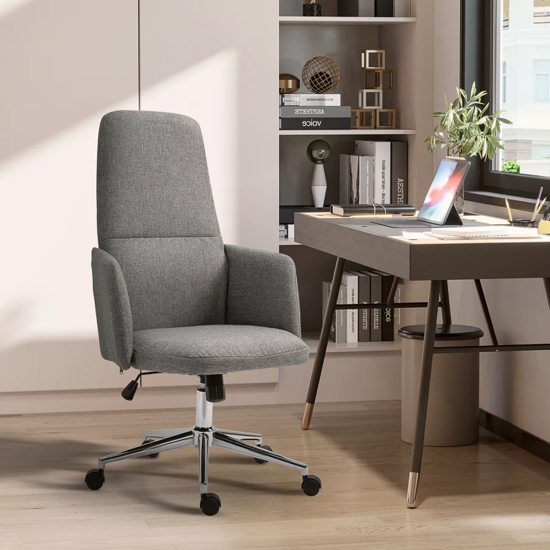 Vinsetto High Back Office Chair Breathable Fabric Computer Home Rocking Seat with Swivel Wheels, and Padded Arms, Grey