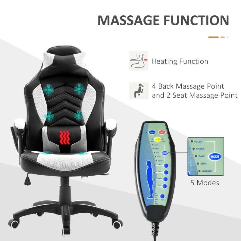 HOMCOM 6 Vibrating Point Massage Computer Gaming Chair 5 Modes, Racing Style Heated Desk Chair Swivel Rolling Chair with Headrest, White / Black