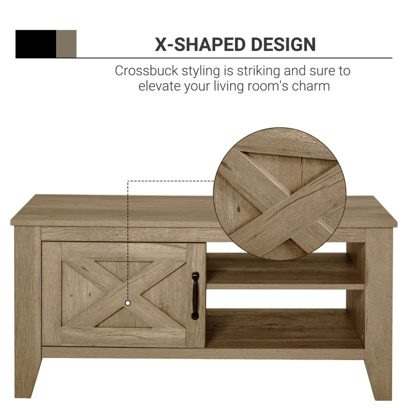 HOMCOM Farmhouse Coffee Table with Enclosed Storage Cabinet and Adjustable Open Shelves for Living Room, Oak