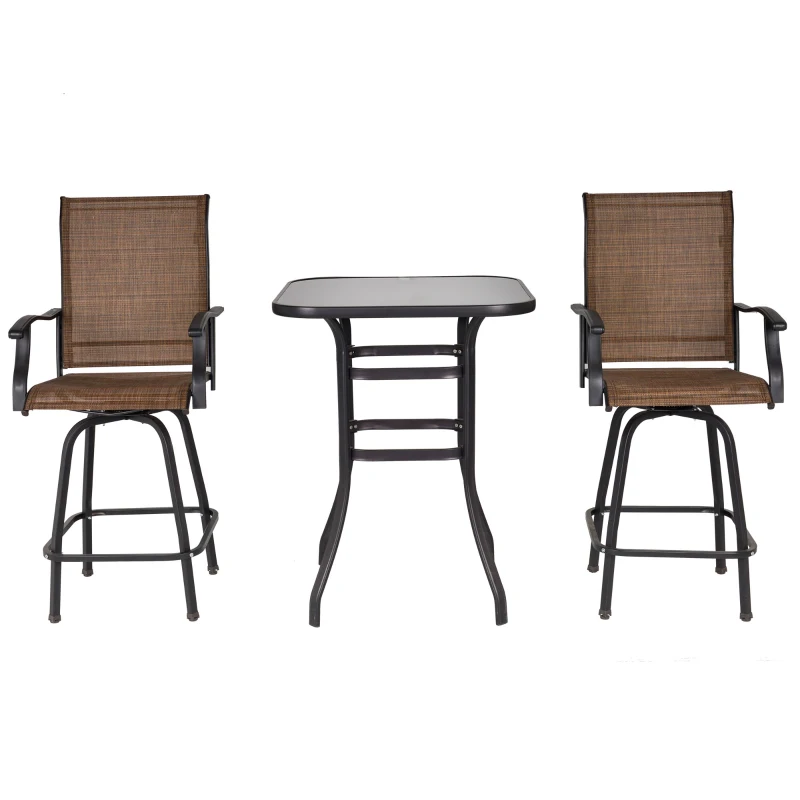 Outsunny 3 Piece Outdoor Patio Bar-Height Bar Set with Comfort Sling Fabric, Steel Frame, & Weather-Fighting, Brown