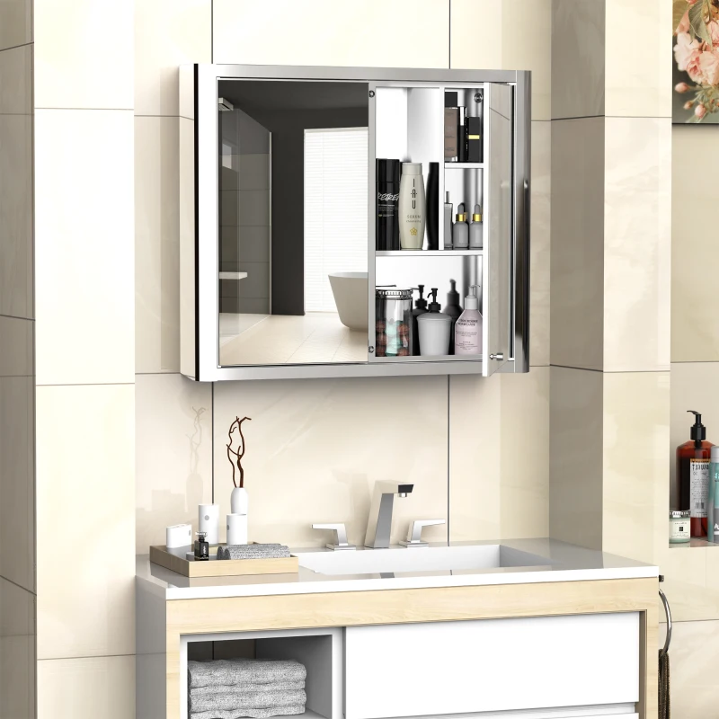 kleankin 28" x 24" Wall Mounted Bathroom Mirror Cabinet with Door Shelves Medicine Cabinet Stainless Steel, Silver