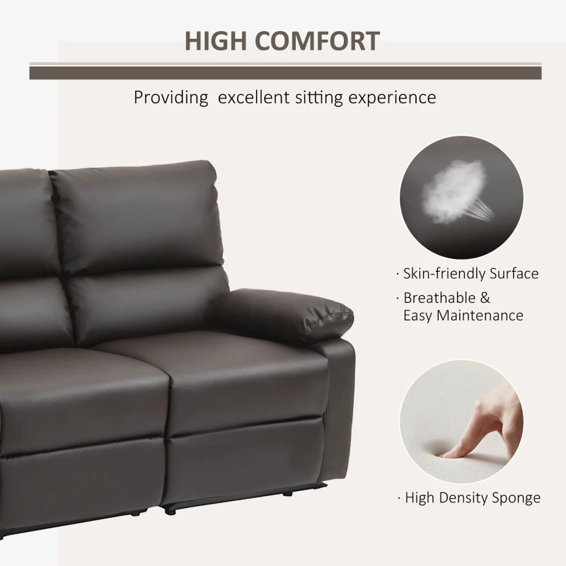 HOMCOM Modern 3 Seater Sofa with 2 Recliners, Manual Side Handle, Retracting Footrest, and PU Leather Fabric, Brown