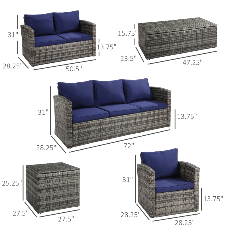 Outsunny 6 Pieces Wicker Patio Furniture Set with Cushions, 7-Seater Rattan Patio Sofa Set with Storage Table, Navy Blue