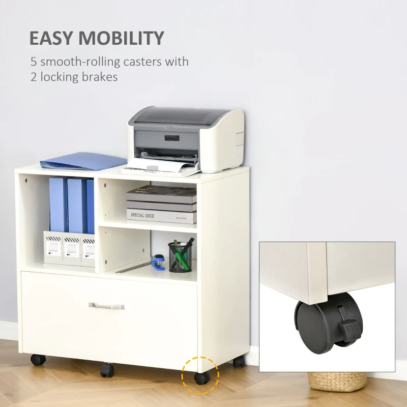 Vinsetto 29" File Cabinet, Office Storage Organizer with 4 Shelves, Wheels and Bottom Drawer for Legal and Letter Sized Files, White