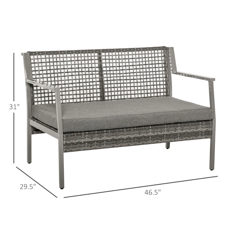 Outsunny Aluminum Rattan Wicker Outdoor Patio Cushioned Loveseat Bench for Backyard Porch Garden Poolside and Deck, Grey