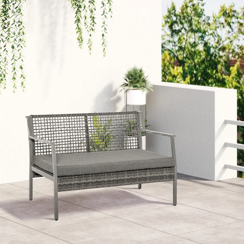 Outsunny Aluminum Rattan Wicker Outdoor Patio Cushioned Loveseat Bench for Backyard Porch Garden Poolside and Deck, Grey
