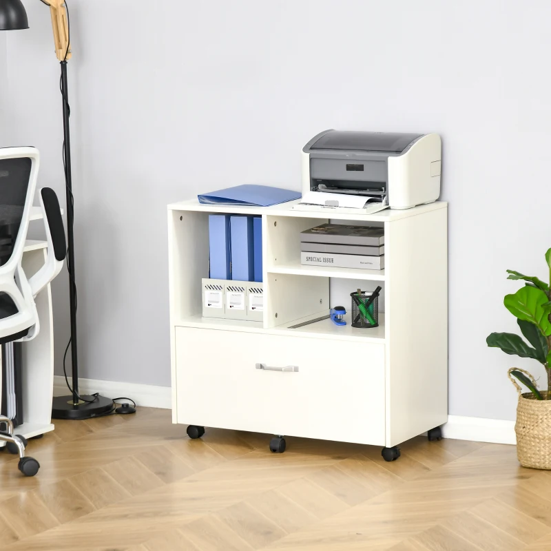 Vinsetto 29" File Cabinet, Office Storage Organizer with 4 Shelves, Wheels and Bottom Drawer for Legal and Letter Sized Files, White