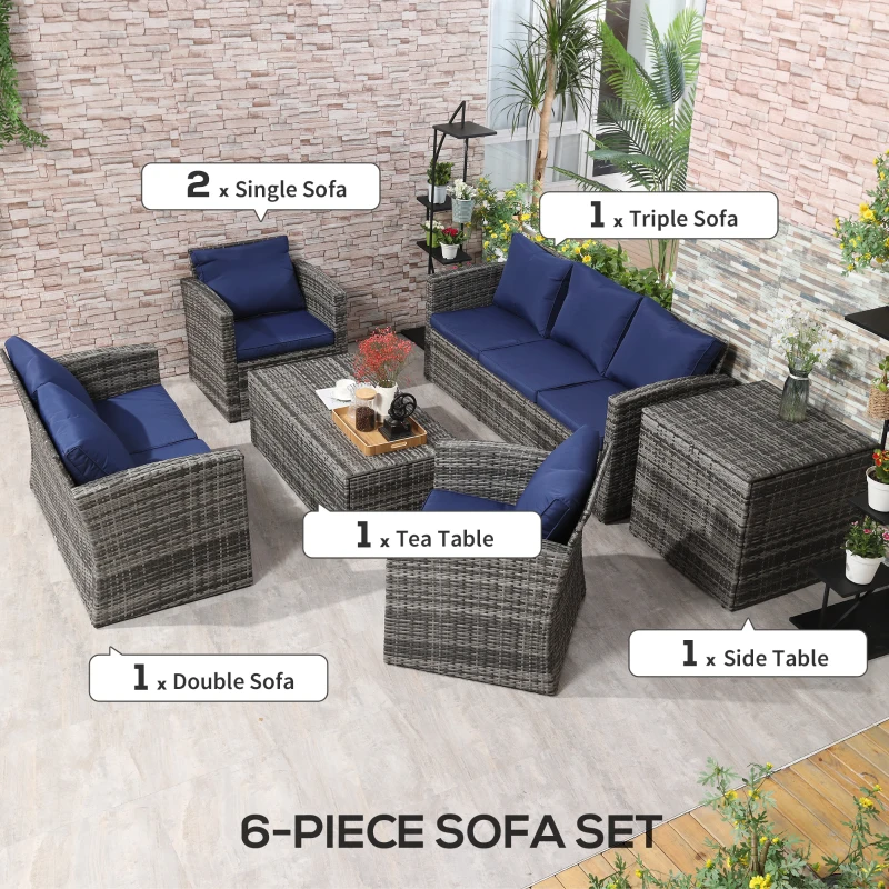 Outsunny 6 Pieces Wicker Patio Furniture Set with Cushions, 7-Seater Rattan Patio Sofa Set with Storage Table, Navy Blue