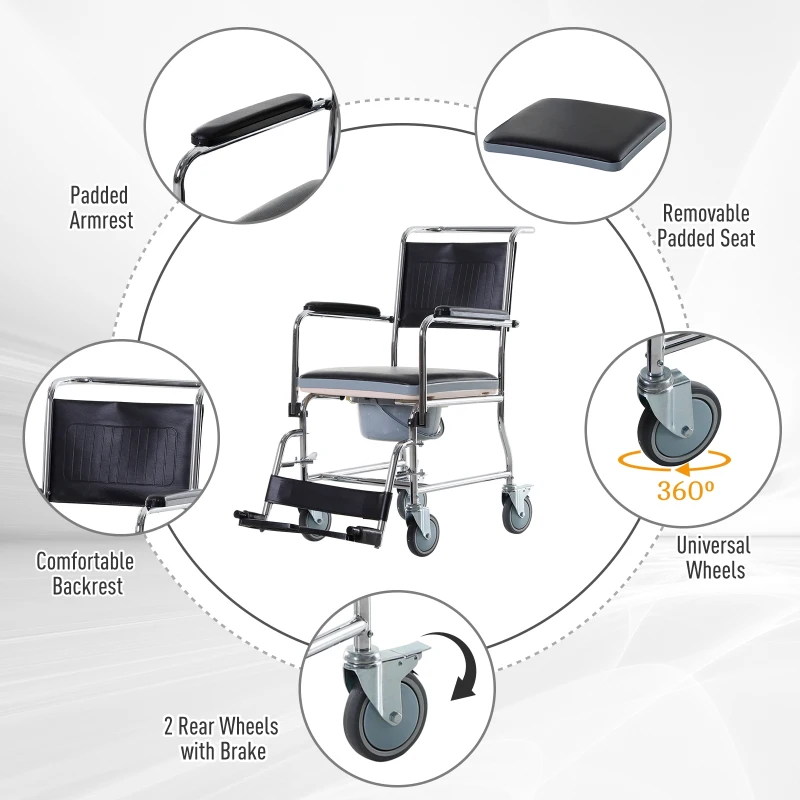 HOMCOM Shower Rolling Chair Personal Mobility Assist Bedside Commode Toilet Chair with Detachable Bucket Armrest Wheelchair Design Armchair for Elder Disabled Pregnant, Black