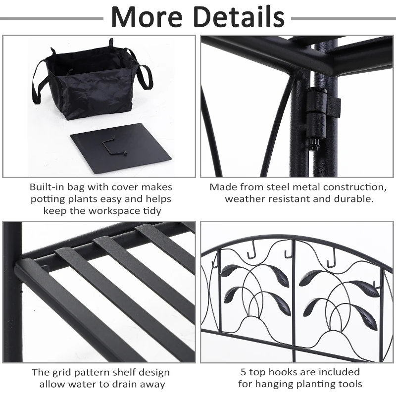 Outsunny Folding Potting Bench Table, Metal Garden Workstation, Work Bench with Build-In Bag with Cover, Hanging Hooks & Storage Shelf