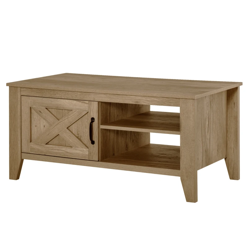HOMCOM Farmhouse Coffee Table with Enclosed Storage Cabinet and Adjustable Open Shelves for Living Room, Oak