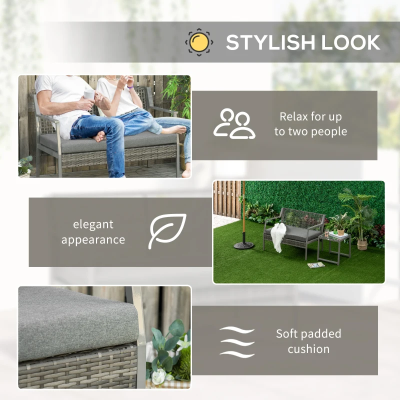 Outsunny Aluminum Rattan Wicker Outdoor Patio Cushioned Loveseat Bench for Backyard Porch Garden Poolside and Deck, Grey