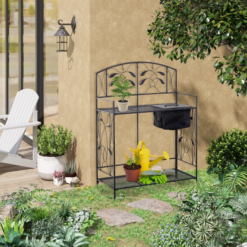 Outsunny Folding Potting Bench Table, Metal Garden Workstation, Work Bench with Build-In Bag with Cover, Hanging Hooks & Storage Shelf