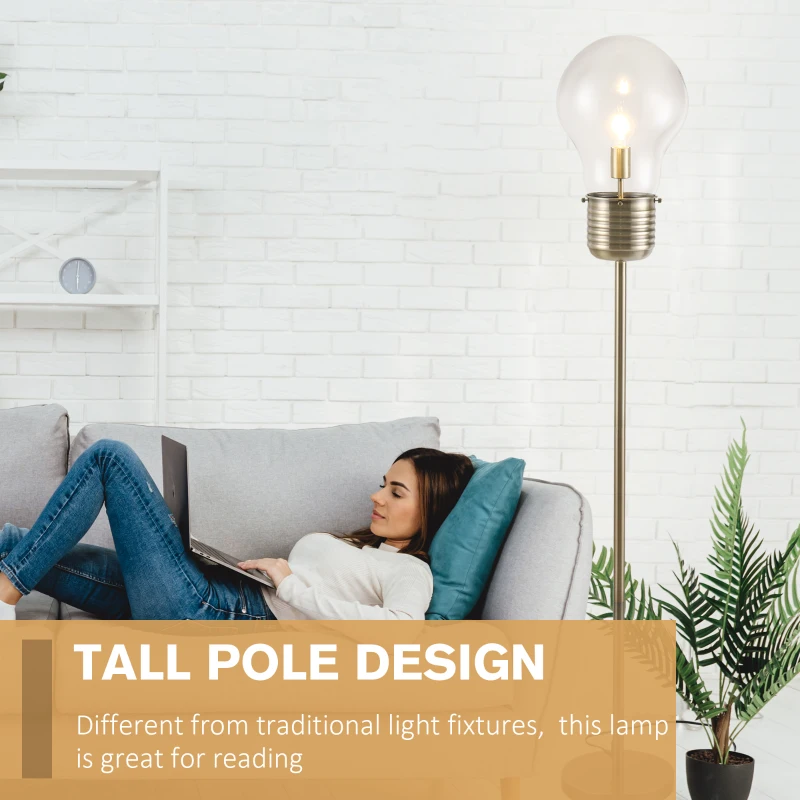 HOMCOM Industrial Tall Pole Floor Lamp with Metal Base, Modern Standing Lamp, Bulb-Shaped Glass Shade, On/Off Foot Switch, E26 Bulb Base for Bedroom, Living Room, Bronze