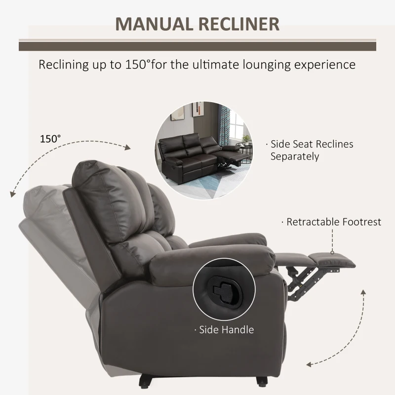HOMCOM Modern 3 Seater Sofa with 2 Recliners, Manual Side Handle, Retracting Footrest, and PU Leather Fabric, Brown
