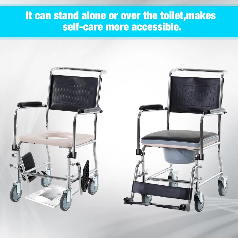 HOMCOM Shower Rolling Chair Personal Mobility Assist Bedside Commode Toilet Chair with Detachable Bucket Armrest Wheelchair Design Armchair for Elder Disabled Pregnant, Black