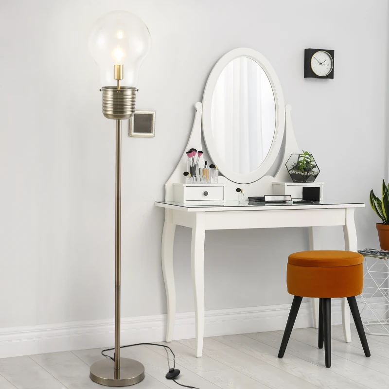 HOMCOM Industrial Tall Pole Floor Lamp with Metal Base, Modern Standing Lamp, Bulb-Shaped Glass Shade, On/Off Foot Switch, E26 Bulb Base for Bedroom, Living Room, Bronze