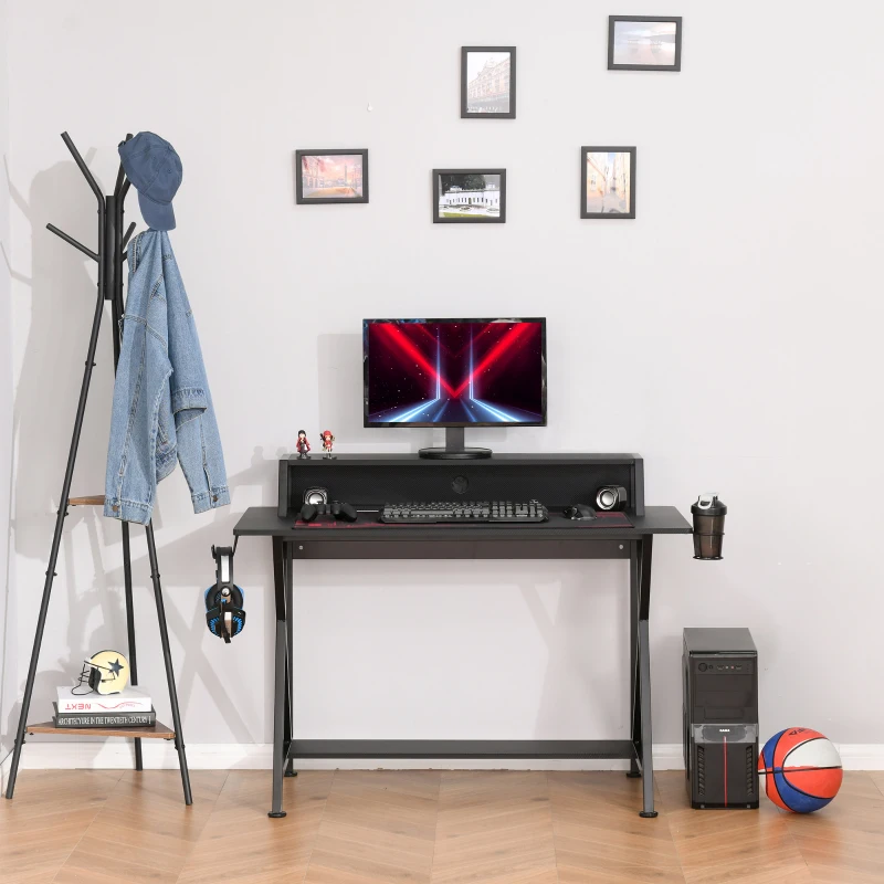 HOMCOM Racing Gaming Desk Carbon Fiber Style Computer Table with Elevated Monitor Shelf, Headphone Hook and Cup Holder, Black