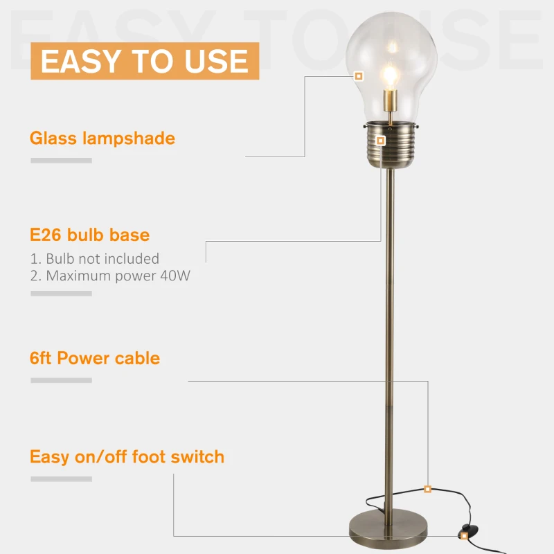 HOMCOM Industrial Tall Pole Floor Lamp with Metal Base, Modern Standing Lamp, Bulb-Shaped Glass Shade, On/Off Foot Switch, E26 Bulb Base for Bedroom, Living Room, Bronze