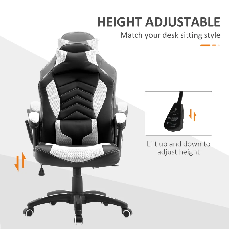 HOMCOM 6 Vibrating Point Massage Computer Gaming Chair 5 Modes, Racing Style Heated Desk Chair Swivel Rolling Chair with Headrest, White / Black