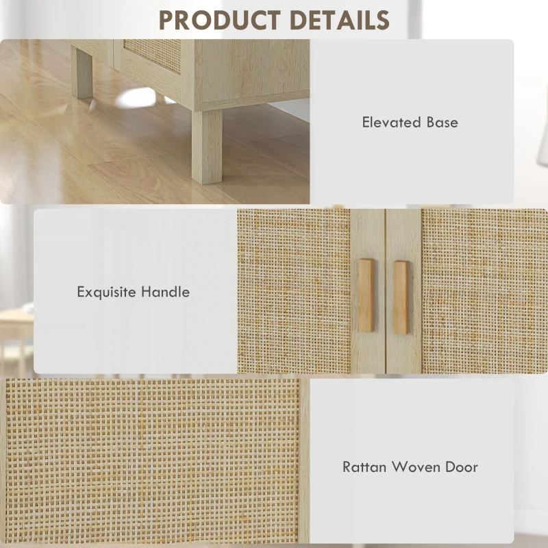 HOMCOM Sideboard Buffet Cabinet, Kitchen Cabinet, Coffee Bar Cabinet with 2 Rattan Doors and Adjustable Shelves, Natural