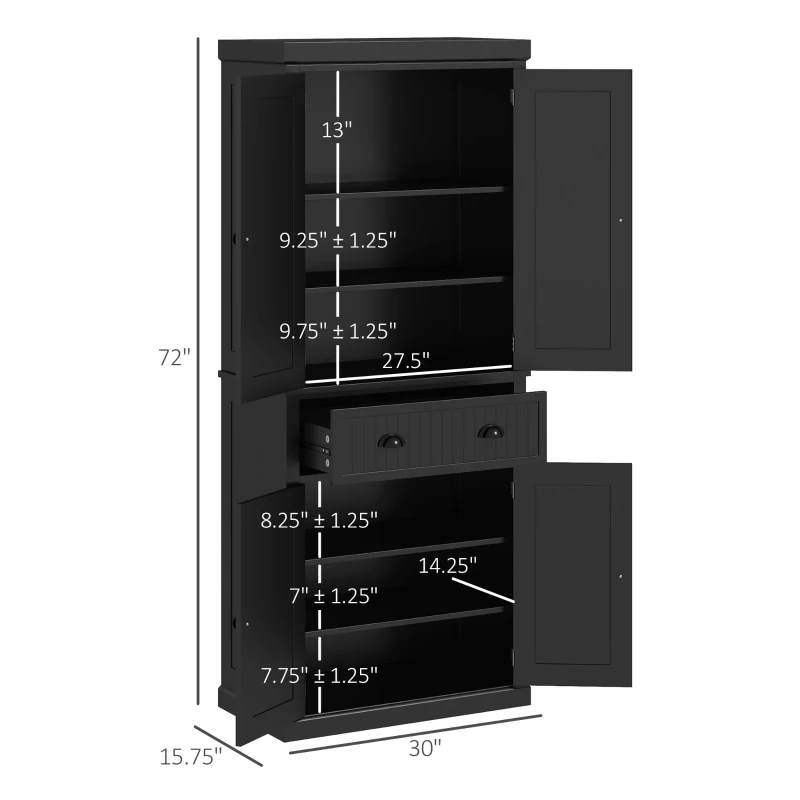 HOMCOM 72" Kitchen Pantry Storage Cabinet, Cupboard with 4 Doors and 3 Adjustable Shelves, Large Central Drawer, Black