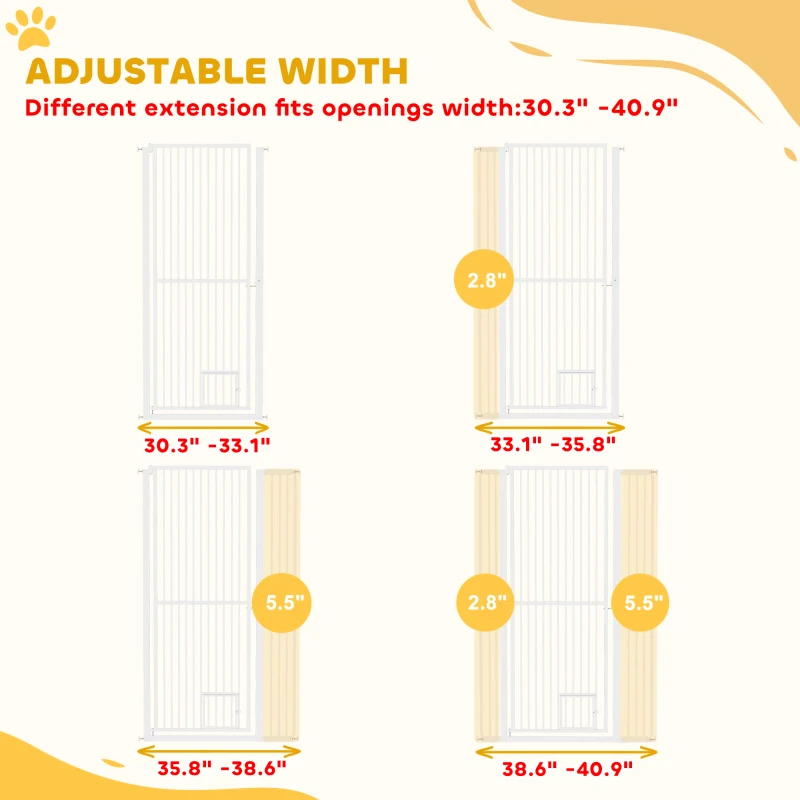 PawHut 59" Extra Tall Pet Gate, 30"-41" Dog Gate with Cat Door, 1.4" Narrow Gap, 2.8" and 5.5" Extension, for Doorway, Hallway