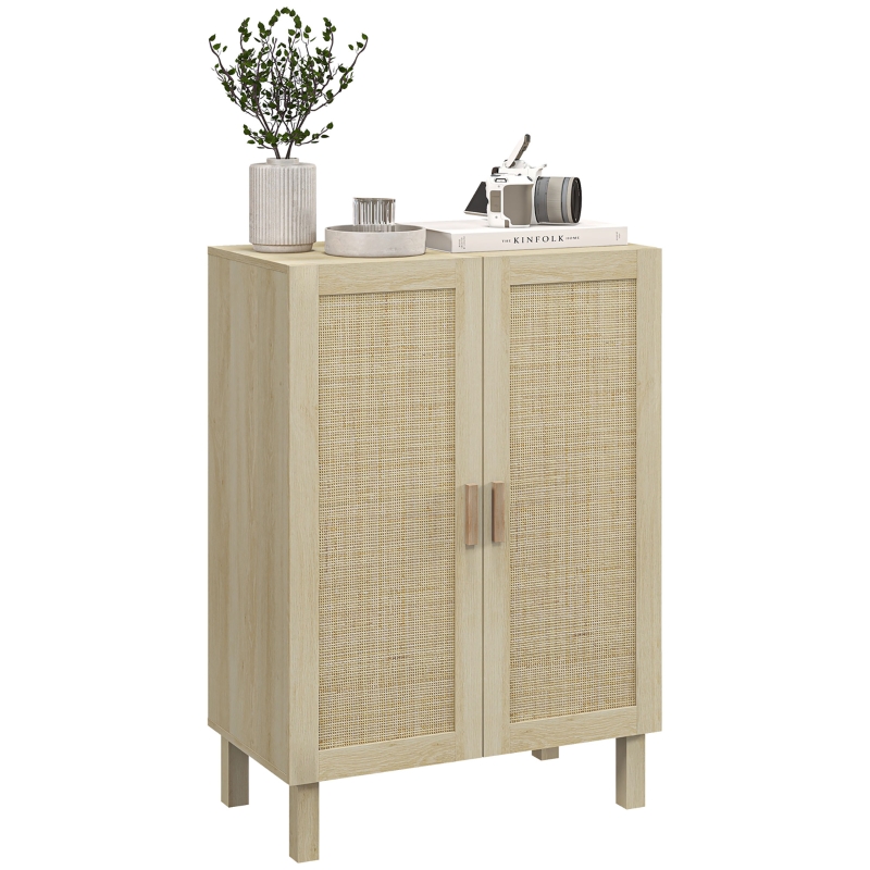 HOMCOM Sideboard Buffet Cabinet, Kitchen Cabinet, Coffee Bar Cabinet with 2 Rattan Doors and Adjustable Shelves, Natural