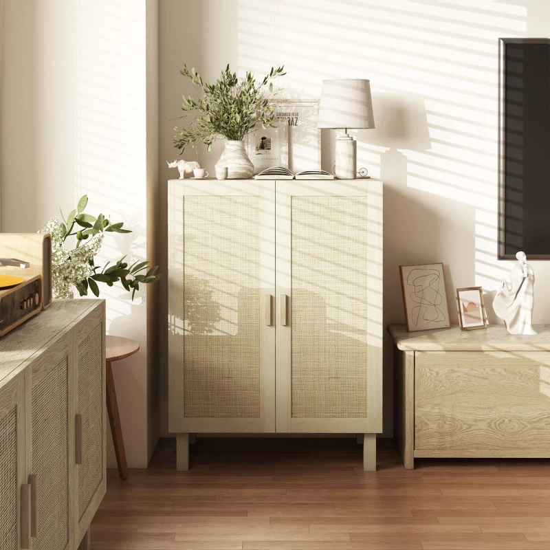 HOMCOM Sideboard Buffet Cabinet, Kitchen Cabinet, Coffee Bar Cabinet with 2 Rattan Doors and Adjustable Shelves, Natural