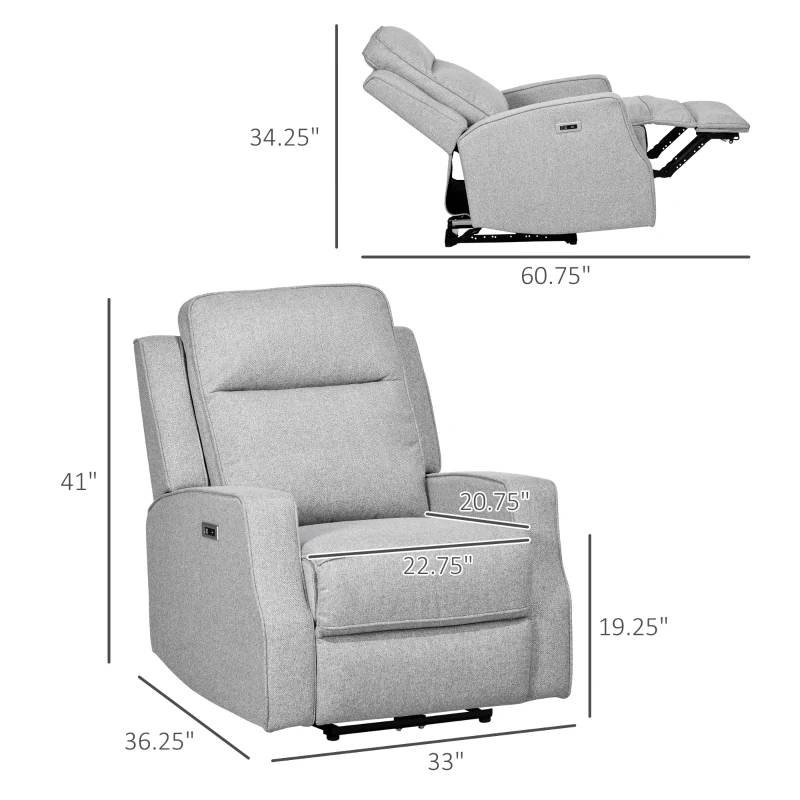 HOMCOM Electric Power Recliner, Wall Hugger Armchair with USB Charging Station, Sofa Recliner with Linen Upholstered Seat and Retractable Footrest, Gray
