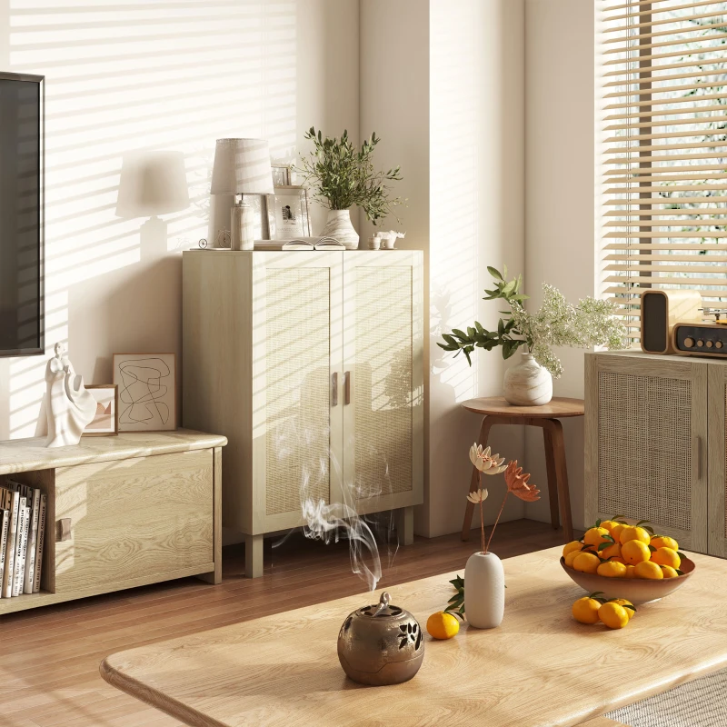 HOMCOM Sideboard Buffet Cabinet, Kitchen Cabinet, Coffee Bar Cabinet with 2 Rattan Doors and Adjustable Shelves, Natural