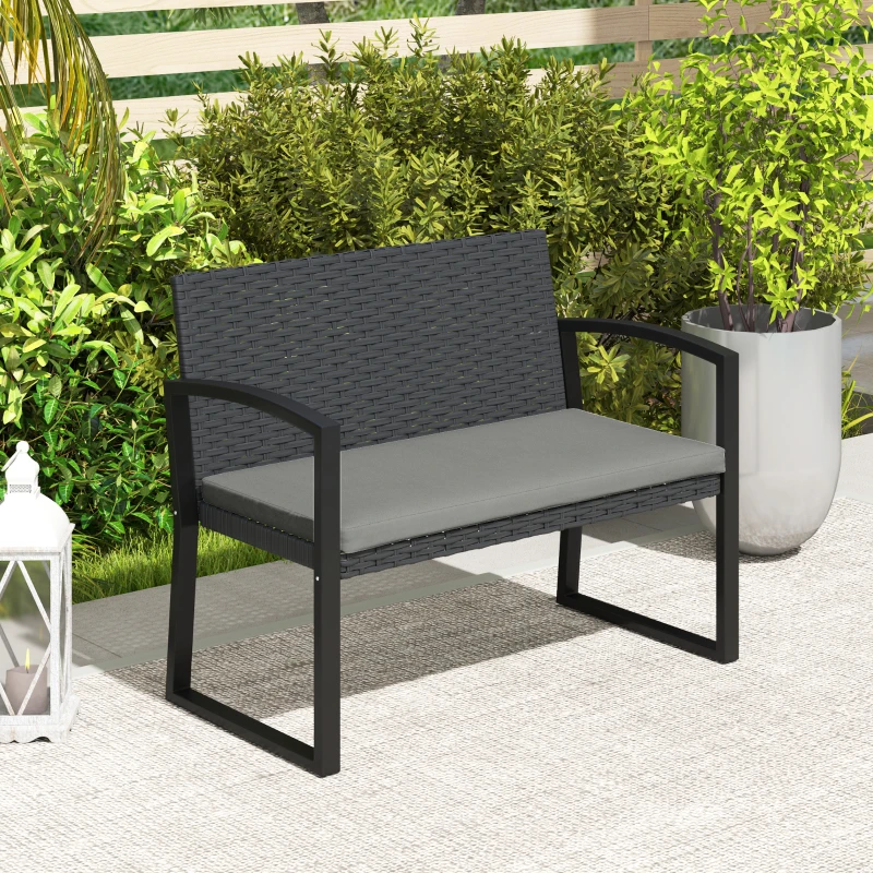 Outsunny 2 Seater Outdoor Bench, Rattan Garden Bench Loveseat with Cushion, Armrests, Steel Frame for Patio, Porch, Light Grey