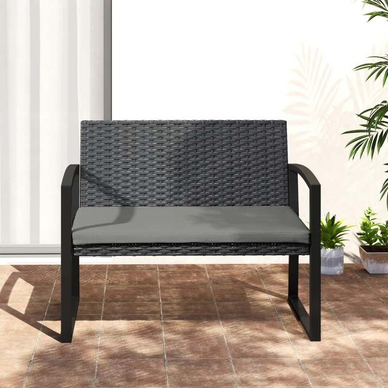 Outsunny 2 Seater Outdoor Bench, Rattan Garden Bench Loveseat with Cushion, Armrests, Steel Frame for Patio, Porch, Light Grey