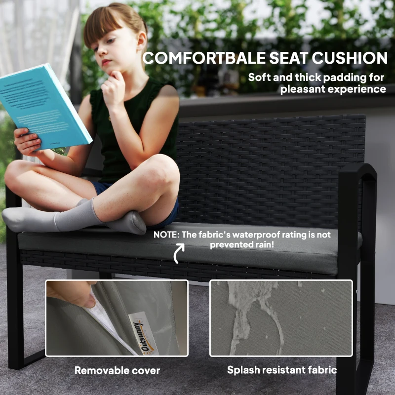 Outsunny 2 Seater Outdoor Bench, Rattan Garden Bench Loveseat with Cushion, Armrests, Steel Frame for Patio, Porch, Light Grey