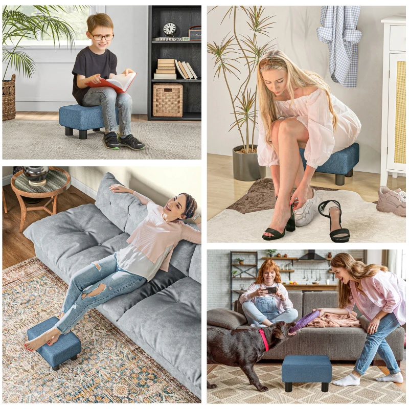HOMCOM Ottoman Foot Rest, Small Foot Stool with Linen Fabric Upholstery and Plastic Legs, Cube Ottoman for Living Room, Blue