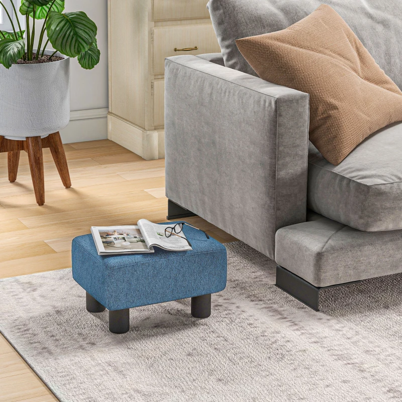 HOMCOM Ottoman Foot Rest, Small Foot Stool with Linen Fabric Upholstery and Plastic Legs, Cube Ottoman for Living Room, Blue
