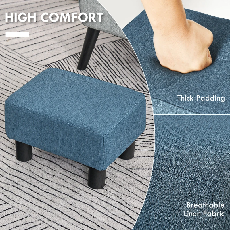 HOMCOM Ottoman Foot Rest, Small Foot Stool with Linen Fabric Upholstery and Plastic Legs, Cube Ottoman for Living Room, Blue