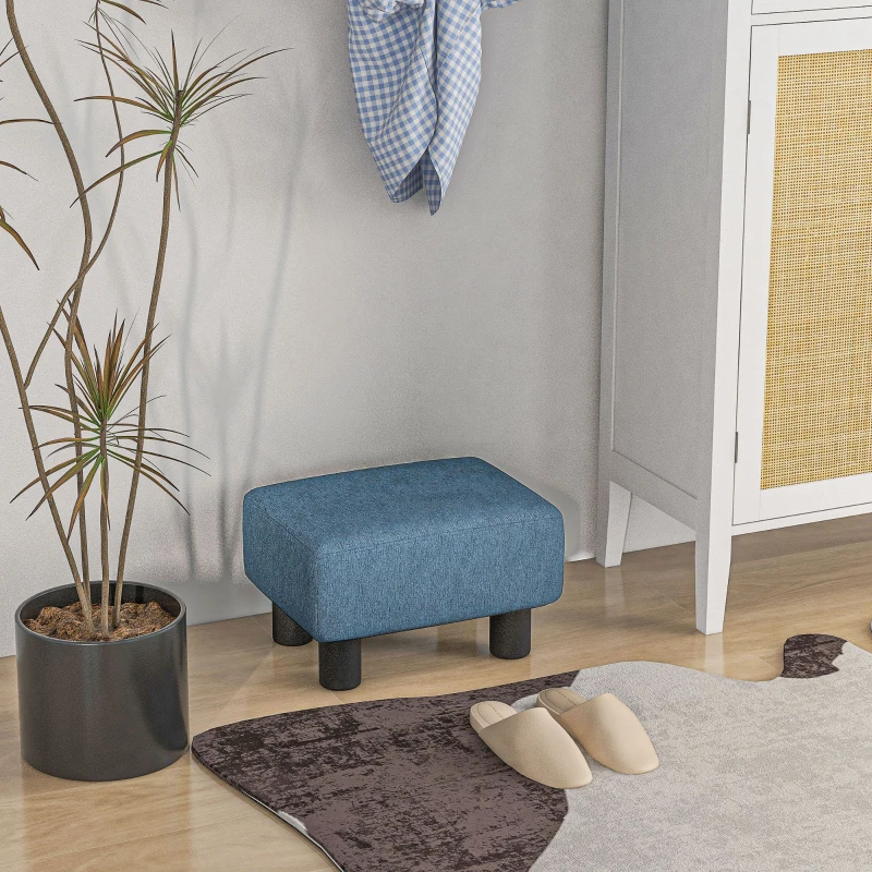 HOMCOM Ottoman Foot Rest, Small Foot Stool with Linen Fabric Upholstery and Plastic Legs, Cube Ottoman for Living Room, Blue
